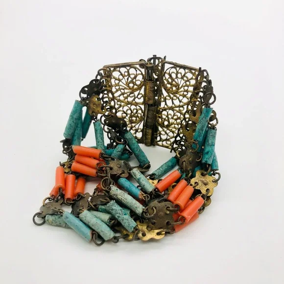 Rare Vintage Egyptian Revival Faience brass filigree bracelet - Picture 3 of 16